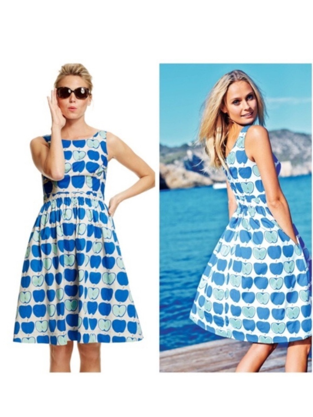 Boden Beatrice Apple Print Dress Blue White Size 6L